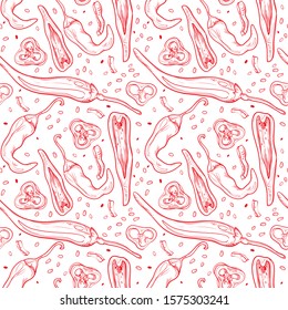 Vector illustrated red paprika chili pepper vegetable linear drawing pattern set