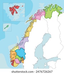 Vector illustrated regional blank map of Norway with counties and territories, and neighbouring countries. Editable and clearly labeled layers.