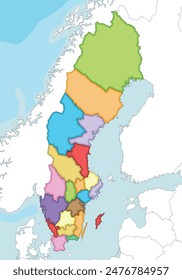 Vector illustrated regional blank map of Sweden with counties and administrative divisions, and neighbouring countries. Editable and clearly labeled layers.