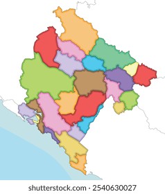 El Vector ilustra un mapa regional en blanco de Montenegro con municipios y divisiones administrativas, y países y territorios vecinos. Capas editables y claramente etiquetadas.