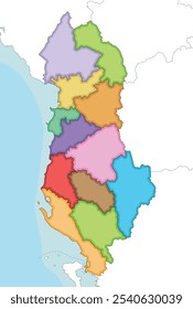 El Vector ilustró un mapa regional en blanco de Albania con condados y divisiones administrativas, y países y territorios vecinos. Capas editables y claramente etiquetadas.