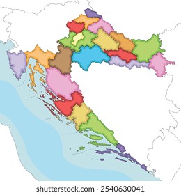 El Vector ilustró un mapa regional en blanco de Croacia con condados, ciudades capitales y divisiones administrativas, y países y territorios vecinos. Capas editables y claramente etiquetadas.