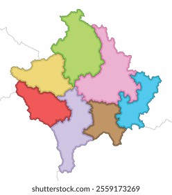 Vector illustrated regional blank map of Kosovo with districts and administrative divisions, and neighbouring countries and territories. Editable and clearly labeled layers.