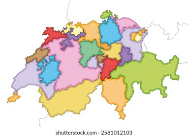 Vector illustrated regional blank map of Switzerland with cantons and administrative divisions, and neighbouring countries and territories. Editable and clearly labeled layers.