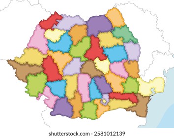 Vector illustrated regional blank map of Romania with counties and administrative divisions, and neighbouring countries and territories. Editable and clearly labeled layers.