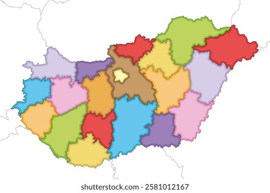 Vector illustrated regional blank map of Hungary with counties and administrative divisions, and neighbouring countries and territories. Editable and clearly labeled layers.