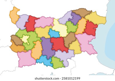 Vector illustrated regional blank map of Bulgaria with provinces and administrative divisions, and neighbouring countries and territories. Editable and clearly labeled layers.