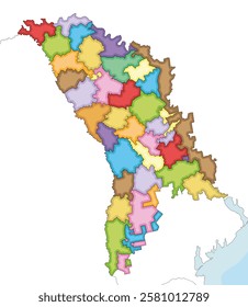 Vector illustrated regional blank map of Moldova with administrative divisions in districts, municipalities and autonomous territorial units, and neighbouring countries and territories.