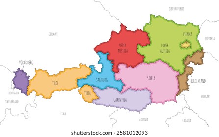 Vector illustrated regional map of Austria with federal states and administrative divisions, and neighbouring countries and territories. Editable and clearly labeled layers.