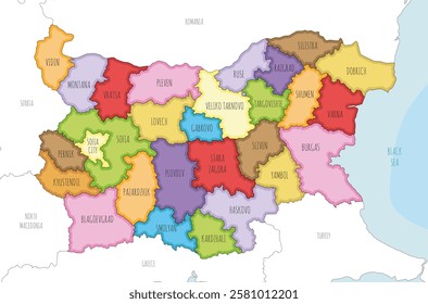 Vector illustrated regional map of Bulgaria with provinces and administrative divisions, and neighbouring countries and territories. Editable and clearly labeled layers.