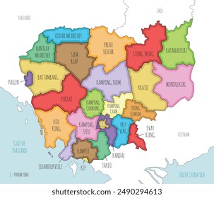 Vector illustrated regional map of Cambodia with provinces and administrative divisions, and neighbouring countries and territories. Editable and clearly labeled layers.