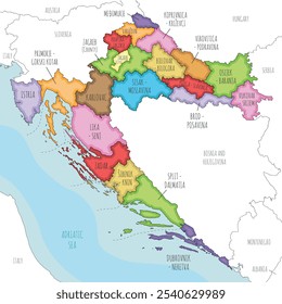 El Vector ilustra el mapa regional de Croacia con condados, ciudades capitales y divisiones administrativas, y países y territorios vecinos. Capas editables y claramente etiquetadas.