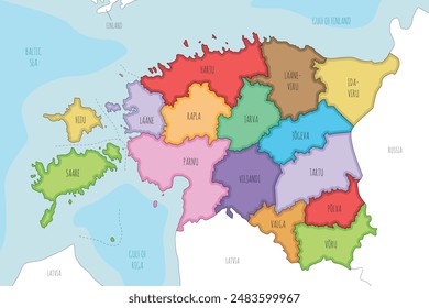 Vector illustrated regional map of Estonia with counties and administrative divisions, and neighbouring countries and territories. Editable and clearly labeled layers.