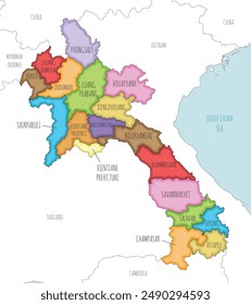 Vector illustrated regional map of Laos with provinces and administrative divisions, and neighbouring countries and territories. Editable and clearly labeled layers.