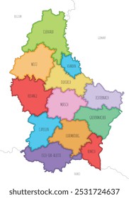 Vector illustrated regional map of Luxembourg with cantons and administrative divisions, and neighbouring countries and territories. Editable and clearly labeled layers.
