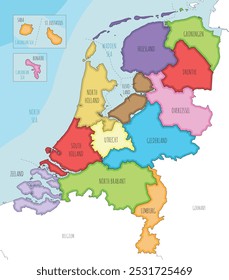 El Vector ilustra el mapa regional de los Países Bajos con provincias, municipios especiales del Caribe y divisiones administrativas, y países y territorios vecinos.
