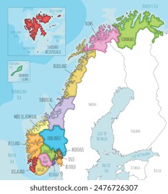 Vector illustrated regional map of Norway with counties and territories, and neighbouring countries. Editable and clearly labeled layers.