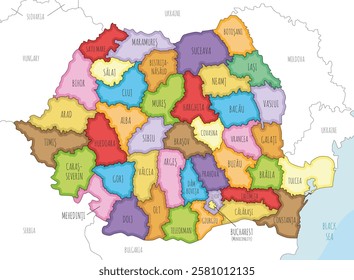 Vector illustrated regional map of Romania with counties and administrative divisions, and neighbouring countries and territories. Editable and clearly labeled layers.