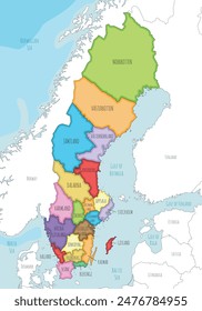 El Vector ilustró el mapa regional de Suecia con los condados y las divisiones administrativas, y los países vecinos. Capas editables y claramente etiquetadas.