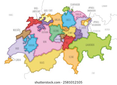 Vector illustrated regional map of Switzerland with cantons and administrative divisions, and neighbouring countries and territories. Editable and clearly labeled layers.