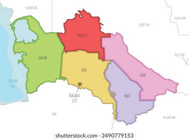 Vector illustrated regional map of Turkmenistan with provinces, capital city district and administrative divisions, and neighbouring countries and territories. Editable and clearly labeled layers.