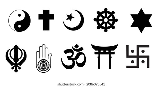 vector ilustró símbolos religiosos sobre fondo blanco aislado. Cristianismo, Islam, budismo, hinduismo, jainismo, yin y yang, puerta Shinto tori, sijismo y esvástica.