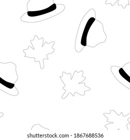 A vector illustrated repeat pattern featuring maple leaf and mounted police hat in Black and White or monochromatic color