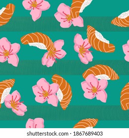 A vector illustrated repeat pattern featuring salmon sushi and sakura with textured background