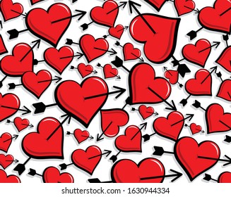 Vector illustrated repeated cartoon style red hearts in multiple sizes and angles with cupid arrows piercing through the middle valentine's day love background template easy to edit