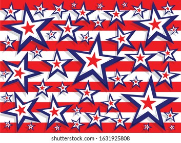 Vector illustrated repeated and offset dimensional red white and blue stars in different sizes and stripes patriotic flag style background easy to edit