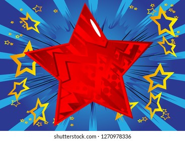 Vector illustrated retro background with big star filled with comic book effect, pop art vintage style backdrop.