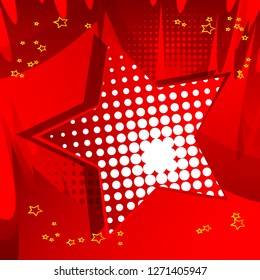 Vector illustrated retro background with big star filled with comic book effect, pop art vintage style backdrop.
