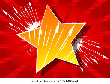 Vector illustrated retro background with big star filled with comic book effect, pop art vintage style backdrop.