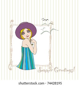 vector illustrated retro background with cute summer girl for your greeting card