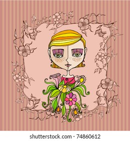 vector illustrated retro background with cute girl with flowers for mother's day
