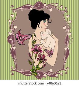 vector illustrated retro background with mother and child