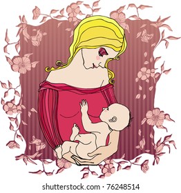 vector illustrated retro background with mother and child