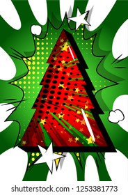 Vector illustrated retro comic book Christmas tree background, pop art vintage style abstract background.