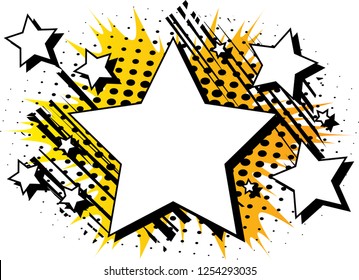 Vector illustrated retro comic book background with big blank star, pop art vintage style backdrop.