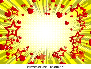 Vector illustrated retro comic book background with hearts, pop art vintage style love backdrop.