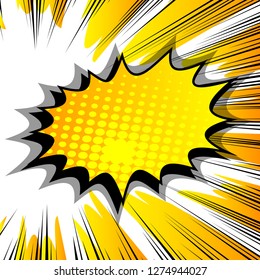 Vector illustrated retro comic book background with big colorful explosion bubble, pop art vintage style backdrop.