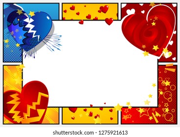 Vector illustrated retro comic book background with hearts and white copy space, pop art vintage style love backdrop.