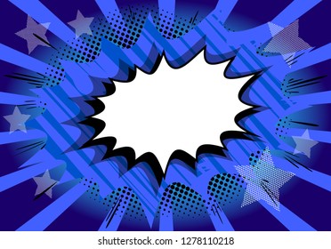 Vector illustrated retro comic book background with big blank explosion bubble, pop art vintage style backdrop.