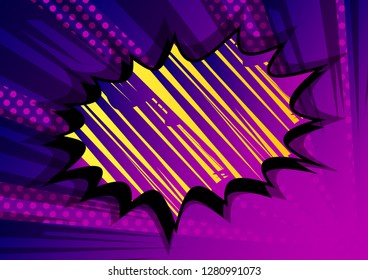 Vector illustrated retro comic book background with big purple explosion bubble, pop art vintage style backdrop.