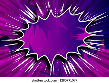 Vector illustrated retro comic book background with big purple explosion bubble, pop art vintage style backdrop.
