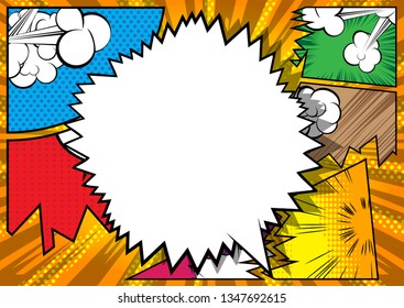 Vector illustrated retro comic book background with big blank speech bubble, pop art vintage style backdrop.