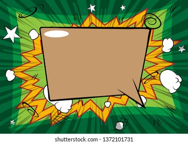 Vector illustrated retro comic book background with big colored speech bubble, pop art vintage style backdrop.