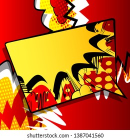 Vector illustrated retro comic book background with big colorful speech bubble, pop art vintage style backdrop.