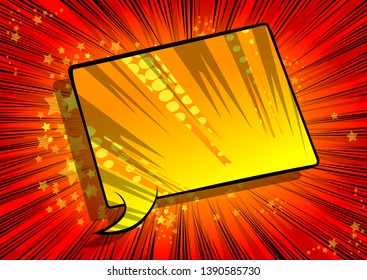 Vector illustrated retro comic book background with big colorful speech bubble, pop art vintage style backdrop.