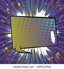 Vector illustrated retro comic book background with big colored speech bubble, pop art vintage style backdrop.